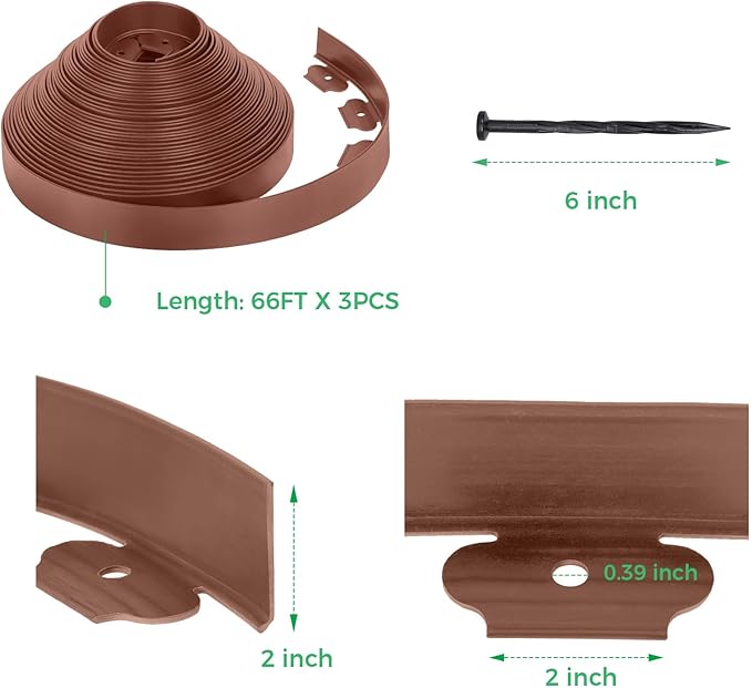 2-Inch x 200 FT Landscape Edging Border with 300 Stakes, Plastic Garden Edging Border Kit, Flexible No Dig Lawn Edging Border for Garden Flower Beds Yard Pathway Paver (Brown)