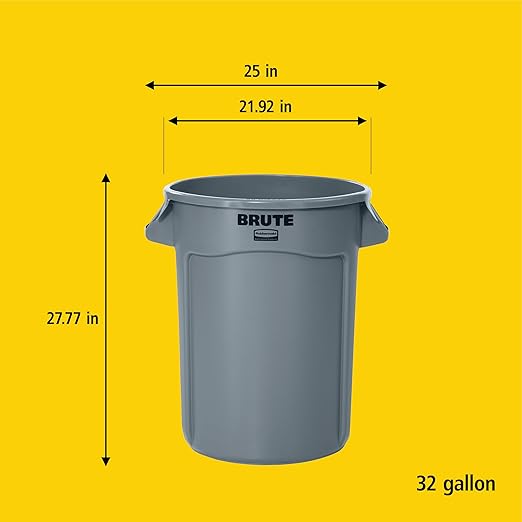 Rubbermaid Commercial Products BRUTE Heavy-Duty Round Trash/Garbage Can, 32-Gallon, Black, Waste Container Home/Garage/Bathroom/Outdoor/Driveway