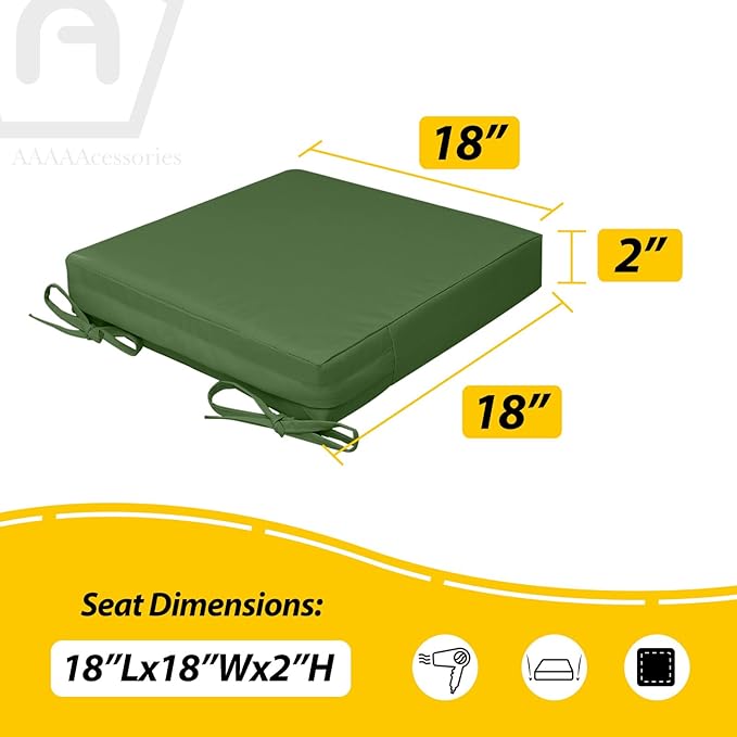 AAAAAcessories Outdoor Seat Cushions for Chairs, Waterproof, Fade-Resistant, 18" x 18" x 2", Patio Furniture Replacement Cushions, Set of 2, Dark Moss Green