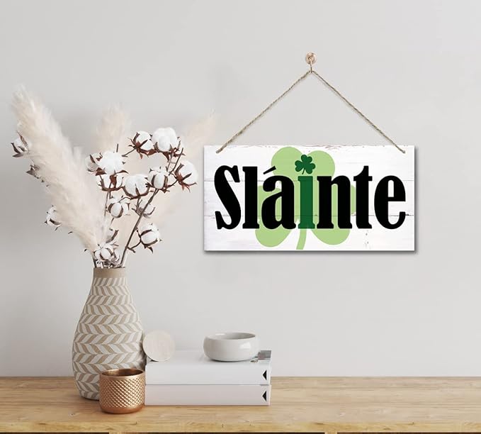 Hanging St Patricks Day Wood Decor Sign, Slainte Printed Wood Wall Art Sign, Irish Home Signs Decor, Hanging Door Wood Sign, Shamrock Sign, St Patricks Day Decor, Rustic Farmhouse Décor
