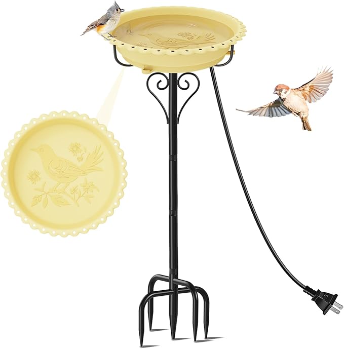 Heated Bird Bath for Outside Winter, Powerful 100W Thermostat Control Water Heated BirdBaths Bowl for Outdoors with 5-Prong Metal Base Heated Bird Bath for Garden Patio Yard Lawn (Beige)