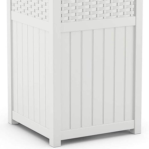 Suncast Hideaway Outdoor Trash Can with Lid - 30 Gallon Trash Can, White, Decorative Wicker-Style Garbage Bin, Weather-Resistant Resin, Fits 30-33 Gallon Bags, Ideal for Patio & Yard, Made in USA