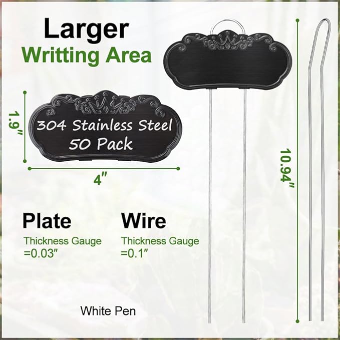 50 Packs Metal Plant Labels, Tall Outdoor Garden Markers for Flowers, Fruits and Vegetables, Weatherproof (Each 25 Pack, 4" x 1.9", Silver and Black)