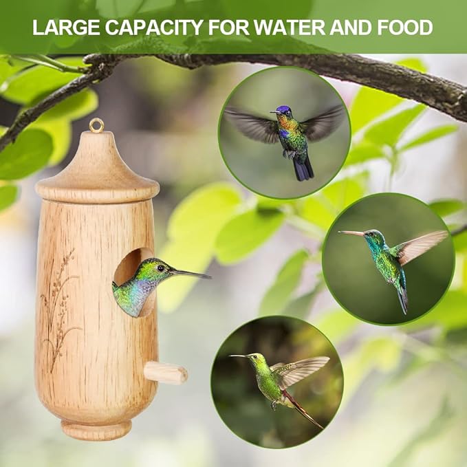 1 Pack Hummingbird House, with Hummingbird Feeders for Outdoors Hanging, Wooden Hummingbird Houses for Outside for Nesting, Bird Houses for Garden Window Outdoor Home (Oak Ears of Wheat)