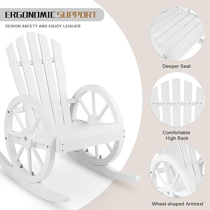 Outvita Adirondack Rocking Chair Set of 2, Wood Wagon Rocker, Outdoor Wooden Carbonized Lounge Chairs with Wheel Armrest for Garden Patio Country Yard(White