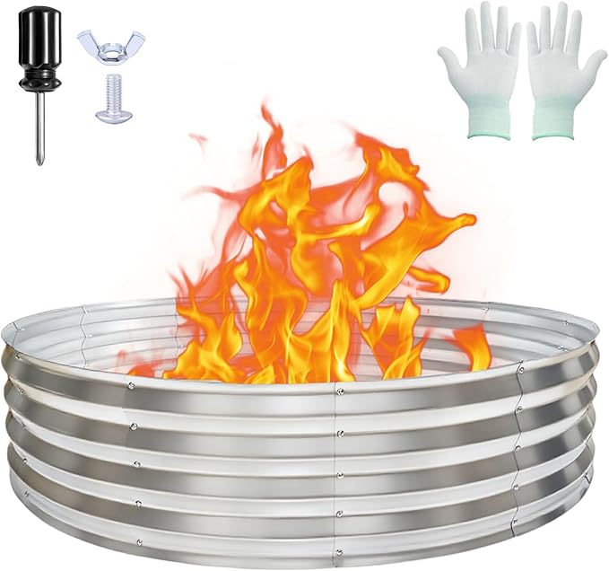 48 Inch Round Galvanized Fire Pit Ring, Durable Steel Bonfire Ring for Backyard, Patio & Camping, Weatherproof & Quick Setup (4×4×1 FT)