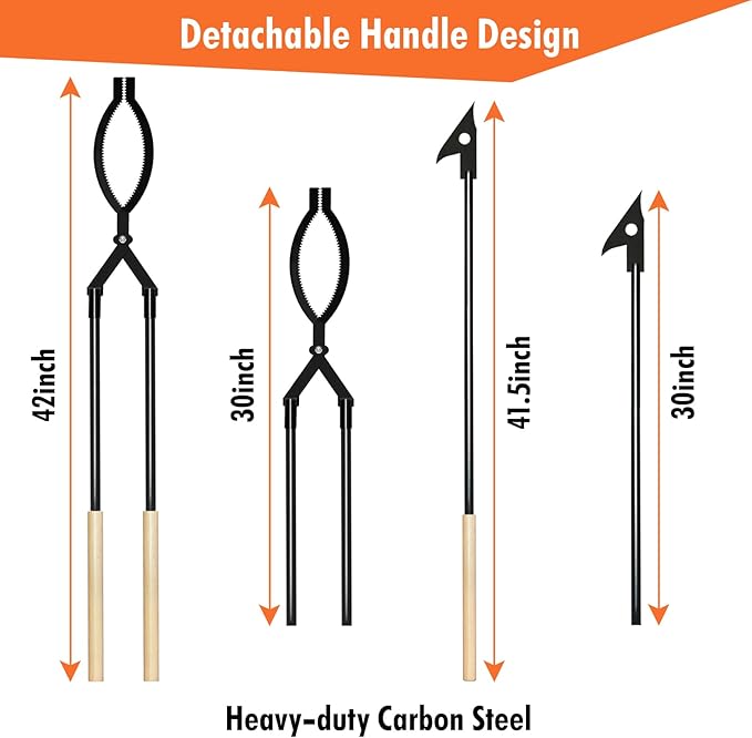 42in Detachable Fire Tongs and Poker Set with Carrying Bag, Heavy Duty Fire Pit Tools, Portable Log Grabber Fireplace Tools for Indoor Outdoor Fire Pit Camping Wood Stove Bonfire