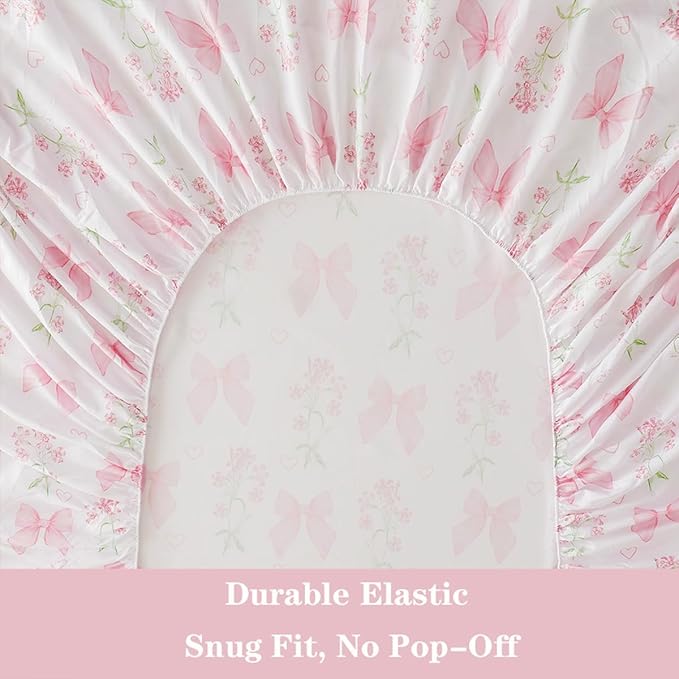 Pink Bow Sheet Set Full Garden Floral Fitted Sheet Set for Girls Kids Soft Microfiber Fitted Flat Sheets & Pillowcases Cute Princess Style Bowknot Bedding Sets Toddlers 4 Pieces