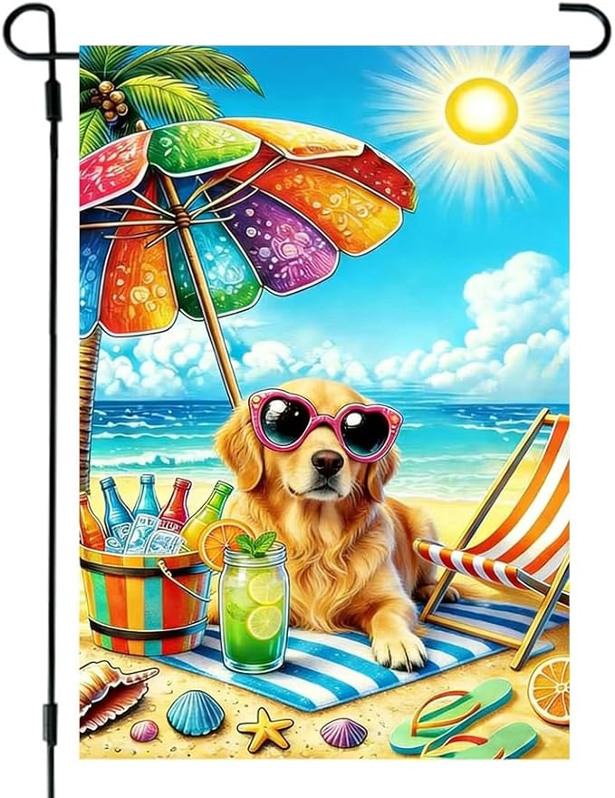 Summer Garden Flag 12x18 Double Sided, Burlap Seasonal Beach Golden Retrieve Dog Garden Flags Summer Decorations Outdoor, Small Decorative Yard Lawn Porch Flags for Outside Decor