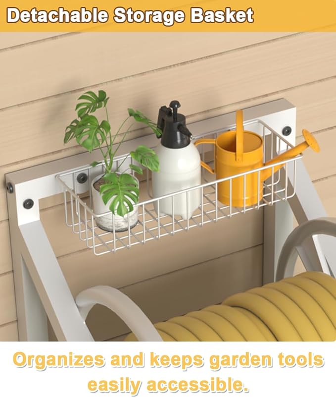 Triangle Wall Mounted Garden Hose Reel, Outdoor Heavy-Duty Water Hoses Holder Winder, Holds 125 Ft of 5/8-Inch Hose, with 3.9 ft Leader Hose, Brass Fitting, Storage Basket for Yard, White