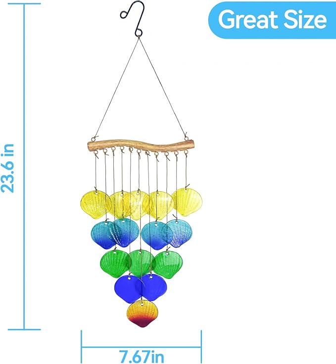 Sea Glass Wind Chime, Shell Shape Glass Windchime for Outside, Indoor Outdoor Decor for Patio Garden Yard, Nice Gifts for Mom & Women, Memorial Sympathy Gift for Home