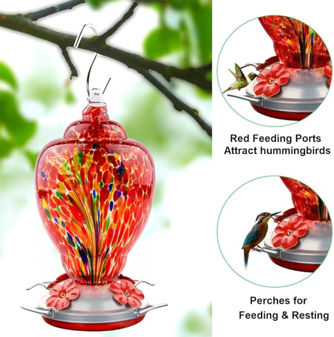2 Pack Unique Hand Blown Glass Hummingbird Feeders for Outdoors Hanging Patio Garden Decorations Hummingbird Feeder with Ant Moat Hook Brush and Service Card (Blue and Fire)