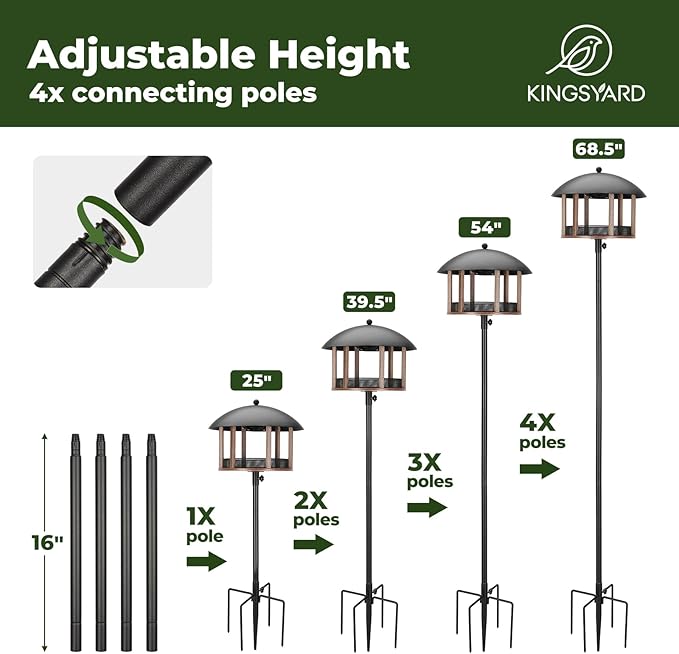 Kingsyard Large Platform Bird Feeder for Outside, Tray Bird Feeder with Weather Protective Dome & Universal Pole Kit, 5 lbs Seed Capacity, Brown