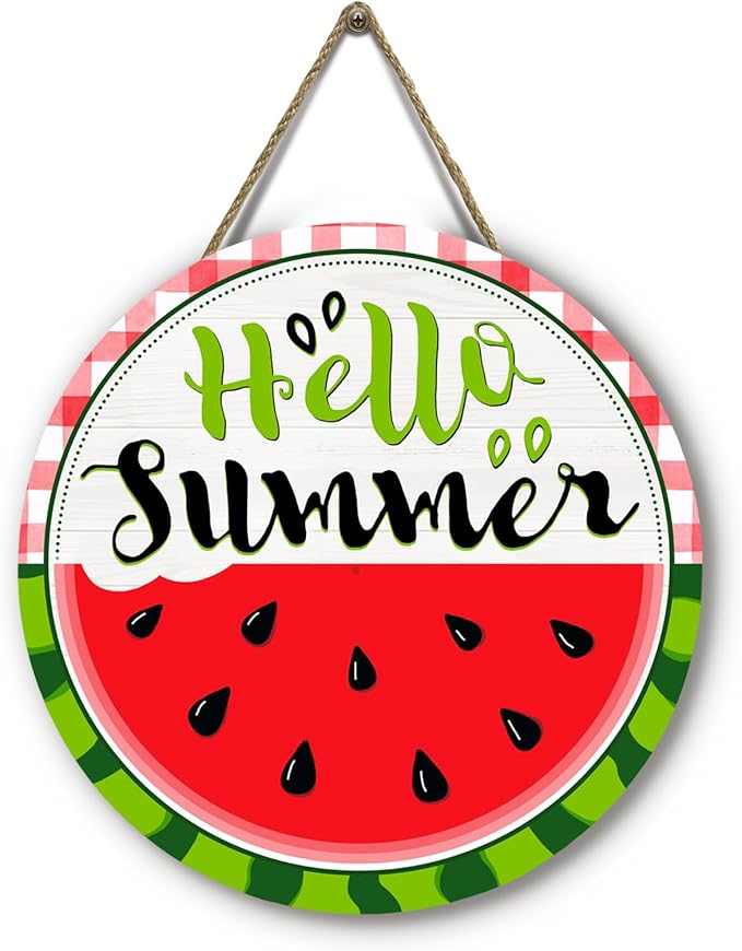 Hello Summer Watermelon Door Sign Summer Welcome Sign for Front Door Red Green Buffalo Plaid Wooden Door Hanger Outdoor Porch Decor Seasonal Farmhouse Hanging DecorationS 12 Inch