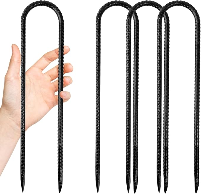Anothera 4 Pack Steel Rebar Stakes, 12-Inch Heavy Duty U Hook Metal Fence Stake, Rustproof Ground Hooks Anchors for Tents, Plants, Fences and Trampolines