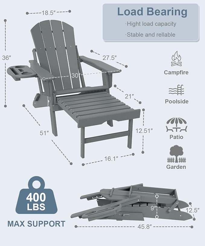 Adjustable Adirondack Chair with Retractable Ottoman, HDPE Folding Adirondack Chair with Cup Holder, All Weather Fire Pit Chair for Outdoor.