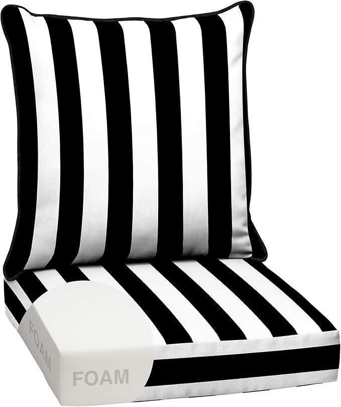 Arden 24x24 Outdoor Foam Deep Seat Cushion Set – Fade-Resistant, Weather-Resistant Outdoor Patio Replacement Cushions Black Cabana Stripe