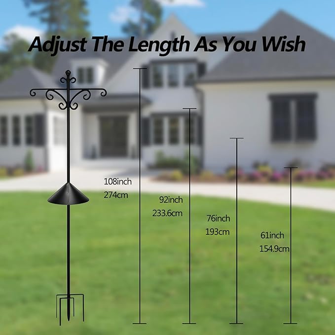 92Inch Shepherds Hooks for Outdoor with Squirrel Baffles – 6 Adjustable Hooks, 5 Prongs Base – Tall Bird Feeder Pole & Garden Stand for Hanging Plants, Lanterns, Hummingbird Feeders