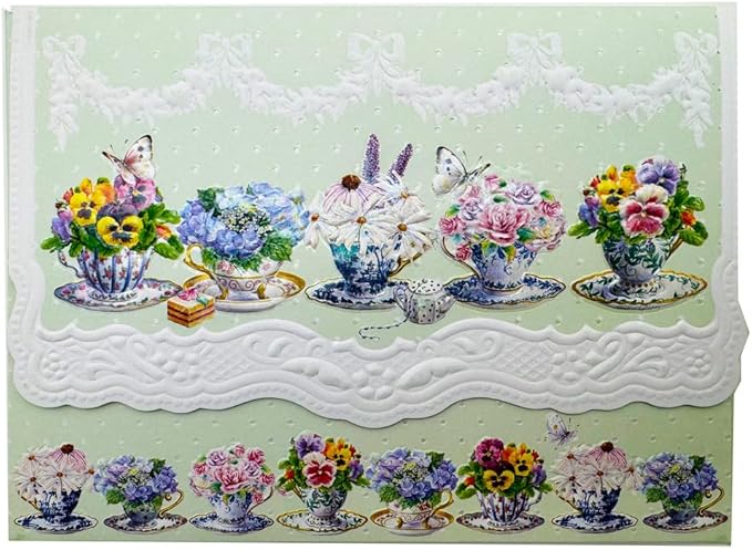Poster Foundry Pansy Teacups Portfolio Boxed Note Cards by Carol Wilson. 10 embossed 4x5 Die-Cut Notecards and Matching Envelopes in Decorative Gift Box with Magnetic Flap. NCP2105