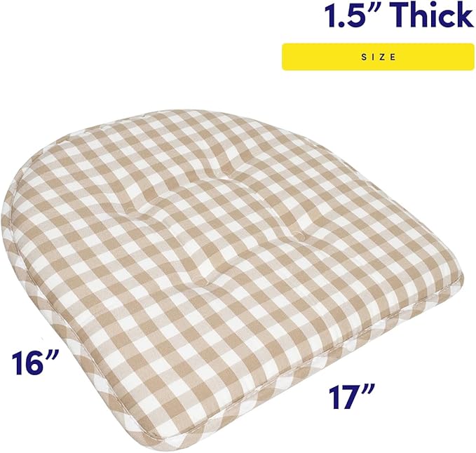 Sweet Home Collection Chair Cushion Memory Foam Pads Tufted Slip Non Skid Rubber Back U-Shaped 17" x 16" Seat Cover, 12 Pack, Checkered Taupe/White
