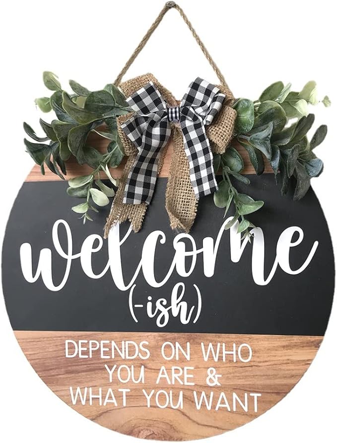Welcome Sign Front for Door Decoration, 12 in Round Wood Wreaths Wall Hanging Outdoor, Farmhouse, Porch, for Spring Summer Fall All Seasons Holiday Christmas