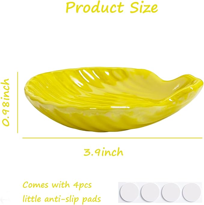 Shell Trinket Dish, Ceramic Jewelry Dish Tray, Cute Organizer Plate for Jewelry, Seashell Jewelry Ring Holder, Birthday Mother's Day Christmas Gift for Women, 3.9", Bright Yellow Iridescent Surface