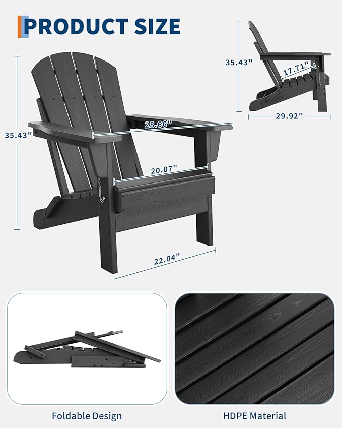 GarveeLife Folding Adirondack Chairs Set of 4, HDPE Plastic Outdoor Chairs with Wood Texture - 380 LBS & Weather Resistant for Fire Pit, Deck, Patio, Pool, Backyard - Black