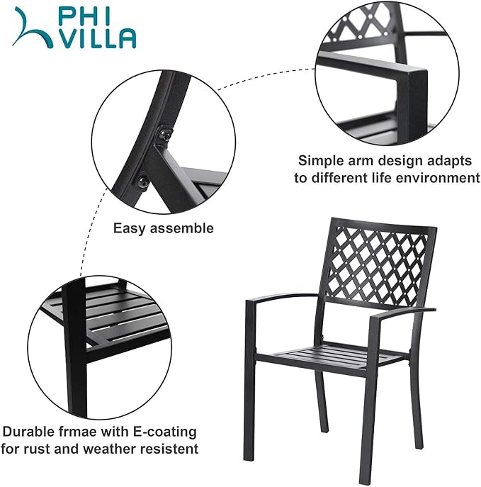 PHI VILLA Metal Outdoor Dining Chairs Set of 4 - Stackable Black Patio Chairs, 300lb Capacity (Diamond)