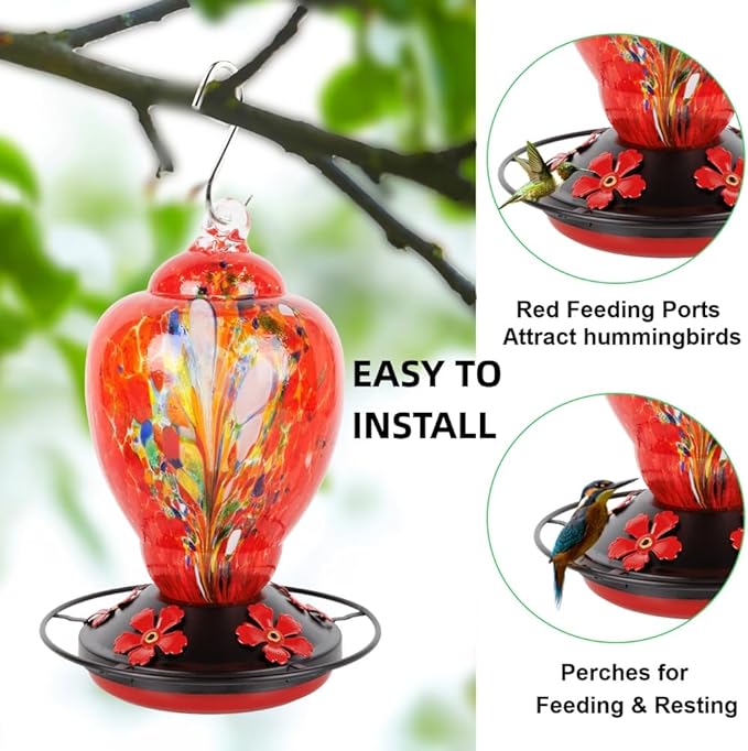 WOSIBO Hummingbird Feeder Replacement Bottom Base Replacement Part Includes Red Plastic Base Metal Top and Brushes (Black with 5 Flower)
