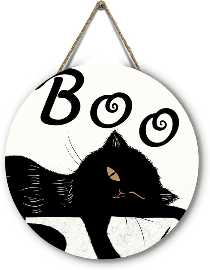 Halloween Black Cat Signs for Front Door Boo Wooden Door Hanger Scary Holiday Hanging Decorations for Wall Porch Outdoor