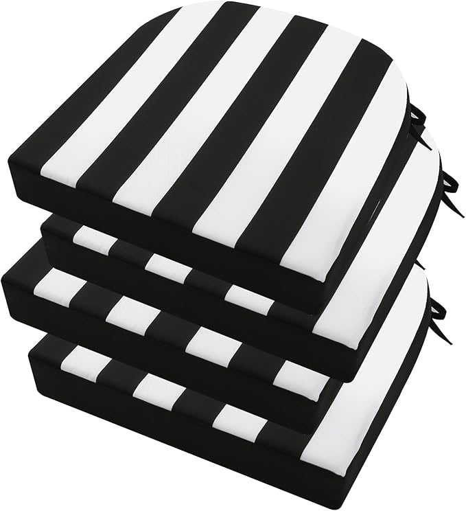 idee-home Outdoor Chair Cushions Set of 4, Thick 19" x 19" x 3" Outdoor Seat Cushion Waterproof for Patio Furniture with Ties, Patio Chair Pads Dining Black Stripes