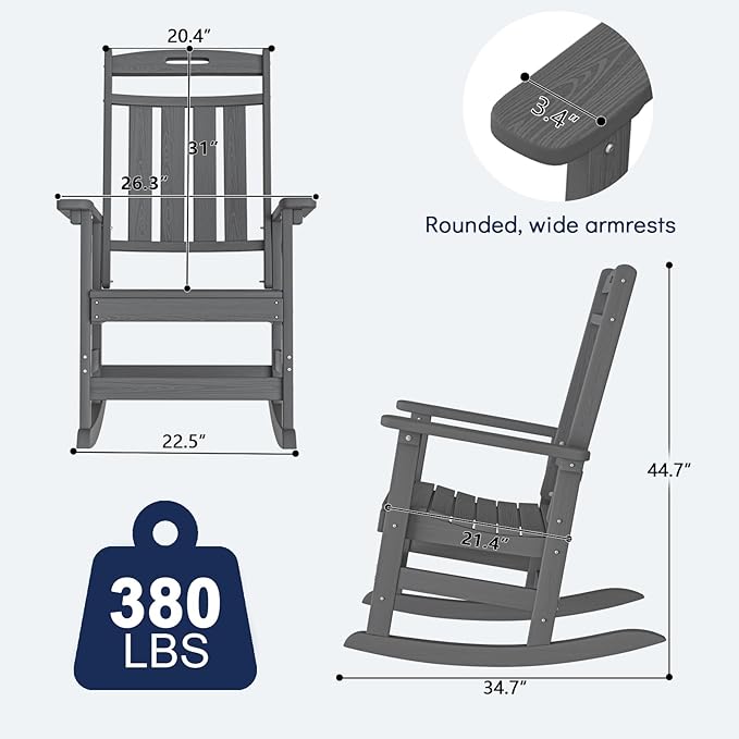 Plawdlik Oversized Rocking Chair,HDPE All-Weather Outdoor Rocking Chair,Patio Rocking Chairs for Porch.Grey