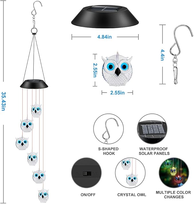 Solar Wind Chimes, Owl LED Solar Powered Wind Chimes Lamp Color Changing Waterproof Garden Chimes with Hook for Outdoor Indoor Patio Yard Deck Grandma Mom