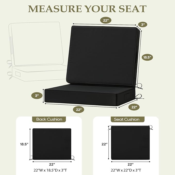 Wellsin Outdoor Cushions for Patio Furniture, Waterproof Outdoor Seat Cushions with Ties and Handle, 22X22 Outdoor Cushions, Outdoor Deep Seat Cushions with Removable Cover, Black