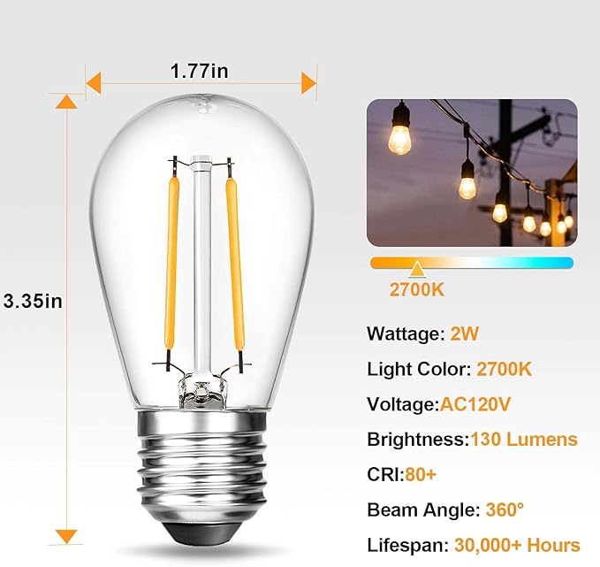 BRIMAX 25 Pack 2W S14 Replacement LED Bulbs,2700K Soft Warm White, Shatterproof Waterproof Outdoor String Light Bulbs Dimmable,E26 Medium Base,Plastic Edison Bulbs for Patio Garden