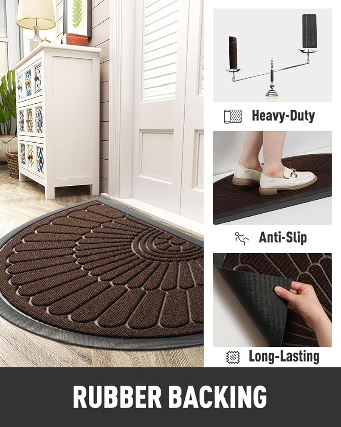tchdio Door Mat Outdoor Indoor Entrance Doormat-Semicircular Durable Rubber Non Slip Front Door Mat for Outside Inside Entry Entryway Dirt Trapper WelcomeMat for Muddy Paws and Shoes-Brown 24”x36”