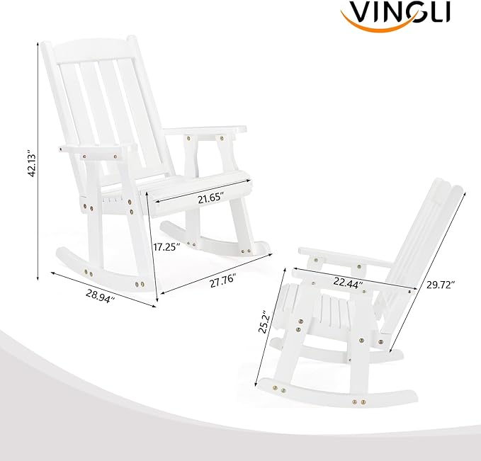 VINGLI Outdoor Rocking Chair, Heavy Duty 600 LBS Wooden Rocking Bench with Comfortable Backrest, Weatherproof Patio Rocker with Ergonomic Design, Wood Rocking Chair for Patio, Garden (White, 2 PCS)