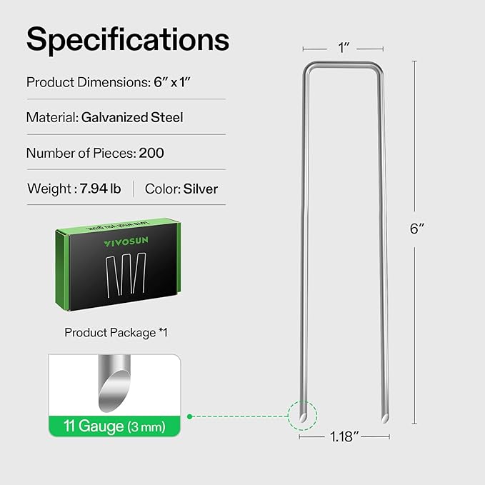 VIVOSUN 6-Inch 400-Pack Garden Stakes, 11-Gauge Galvanized Steel U-Shaped Staples for Landscape Fabric, Ground Cover, Soaker Hose, Irrigation Tubing, and Fence Securing
