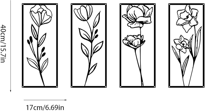 DUOOLN Metal Flowers Wall Art Decor, 4pcs Minimalism Flower Hanging Iron Decoration, Modern Plant Potted Art Sculpture Sign, Home Bedroom Bathroom Outdoor Indoor Kitchen Feature Wall-15.7x6.69in