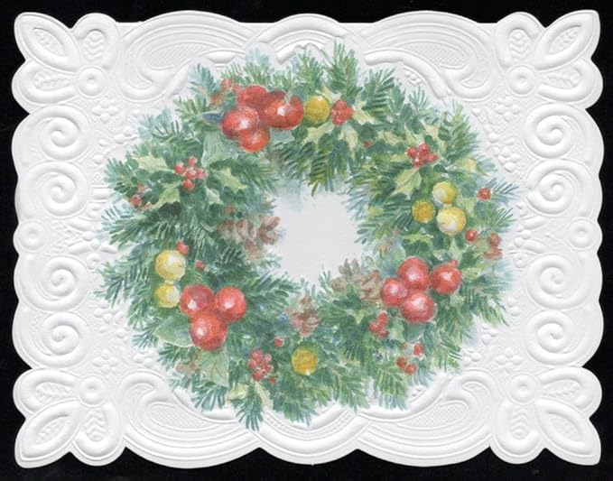 Poster Foundry Christmas Holiday Wreaths Portfolio Boxed Note Cards by Carol Wilson. 10 embossed 4x5 Die-Cut Notecards and Matching Envelopes in Decorative Gift Box with Magnetic Flap. NCPX2367