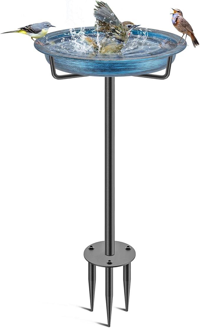 Metal Bird Baths for Outdoors, Detachable Birdbaths for The Garden Clearance, Heavy Duty Freestanding Bird Baths, Bird Bath Bowl Spa & Birdfeeder with Metal Stake Stand (Retro Blue)
