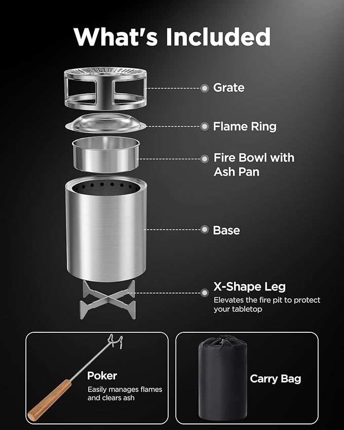 Ciays Smokeless Firepit with Stand, 7″ Tabletop Fire Pit for Camping with Patented Technology, Portable Fire Pit for Outside with Grill Rack, Fire Poker and Bag, Fueled by Pellets, Wood or Firestarter