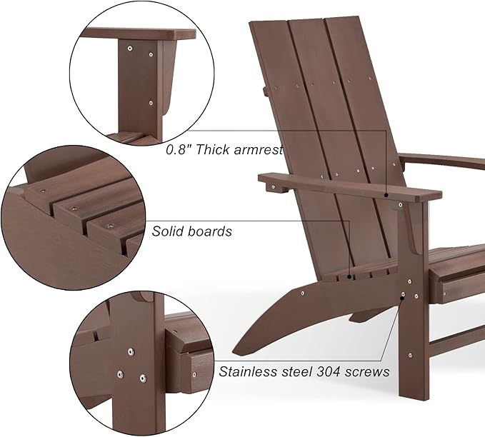 Psilvam Modern Adirondack Chairs Set of 4, Oversized Poly Lumber Fire Pit Chair, 350 Lbs Support Patio Chairs for Garden, Weather Resistant Adirondack Chair Looks Like Real Wood (4, Brown)