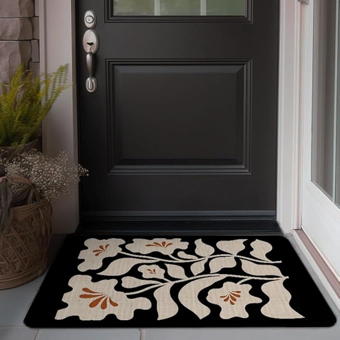 Boho Beige and Black Floral Door Mat - Bohemian Neutral Floral Front Door Welcome Mats Outdoor Entrance, 17x30 Rug