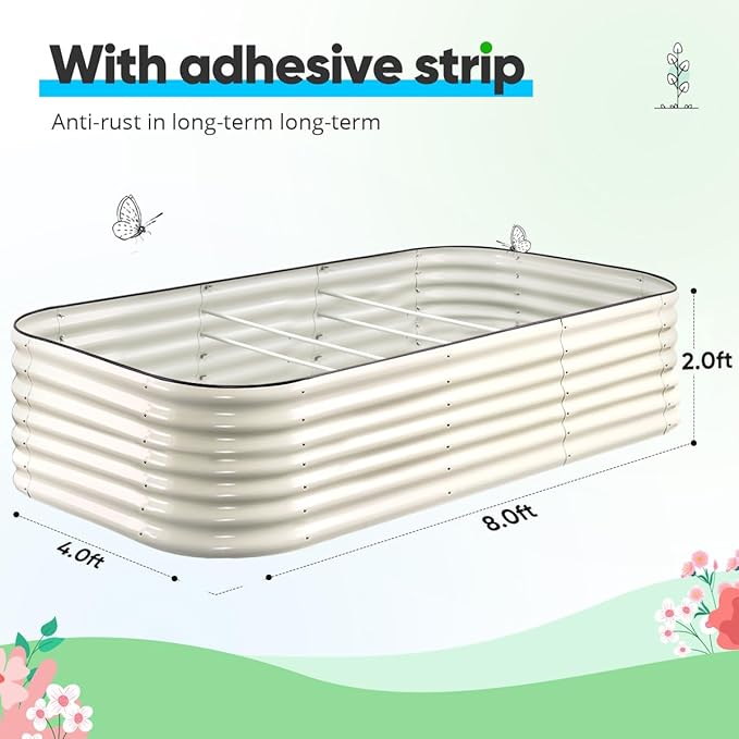 Quictent Galvanized Tall Raised Garden Bed Kit, 8x4x2 ft Oval Large Planting Box Rubber Strip Edging, for Vegetables Outdoor Strengthened by Crossbar (Beige)