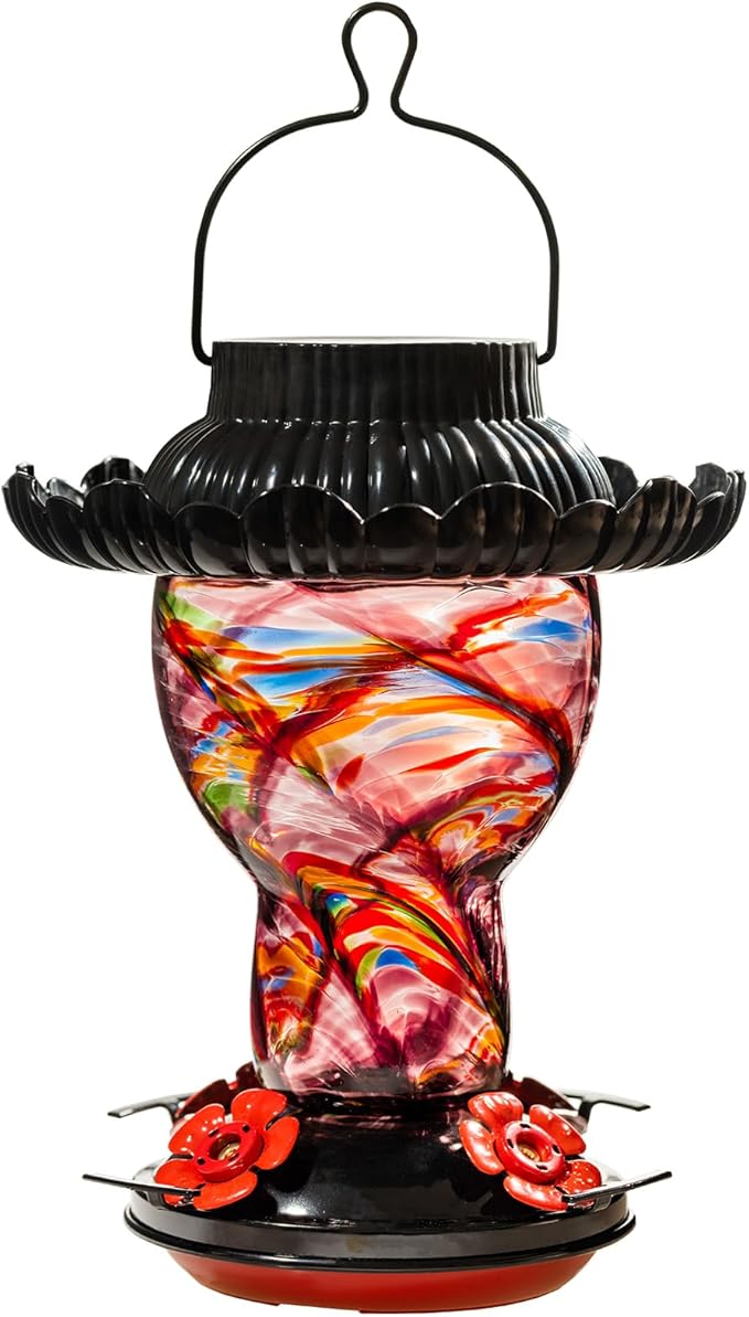 Solar Hummingbird Feeder for Outdoors Hanging Ant and Bee Proof, 25oz Color Changing Light Hand Blown Glass, Leakproof Garden Decor, Gitfs for Bird Lover (Purple)