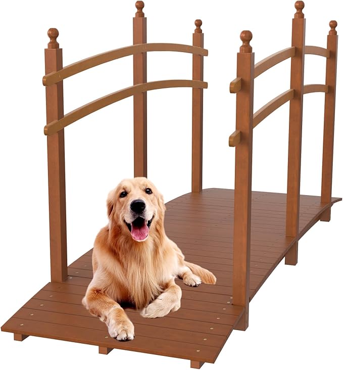 VINGLI Garden Bridge, Classic Wooden Bridge with Safety Rails, Decorative Arhced Footbridge for Patio Pond, Creek, Pathway (Brown, 7.5 ft)