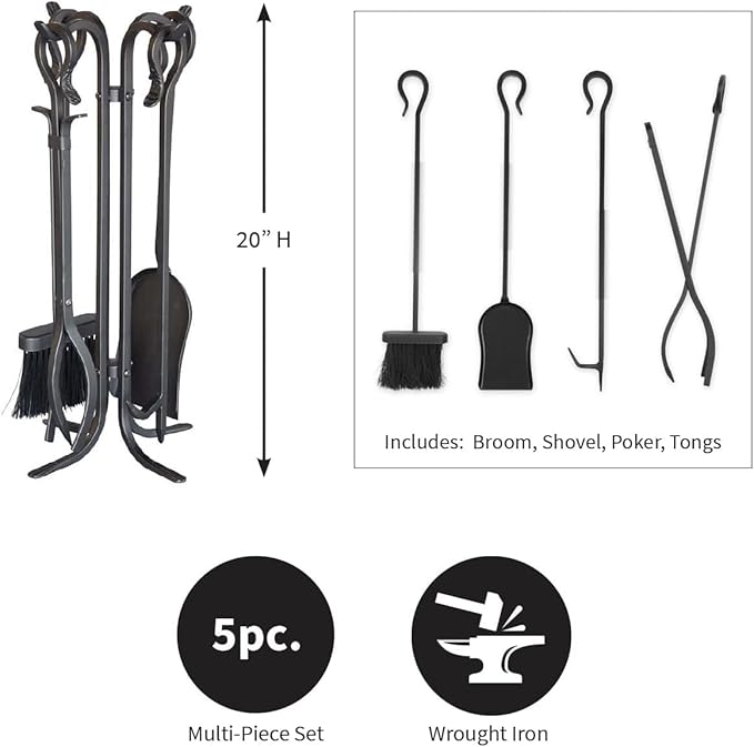 Plow & Hearth 5 Piece Hand Forged Iron Compact Fireplace Tool Set 20" | Black Wrought Iron Handle for Outdoor Indoor | Stand Poker Shovel Brush Log Tongs Wood Stove Accessory