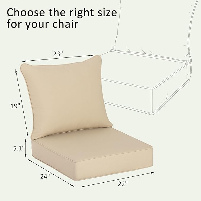 COZYVIDA Outdoor Deep Seat Cushion Set of 2, 22"x24" Seat & 23"x19" Back, C0 Water-Resistant Breathable Fabric, UV-Resistant 1000+ Hrs, 30D Foam with Recycled Fiber Fill,Beige