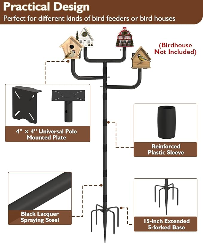 Garbuildman Upgraded Smart Bird Feeder Pole for 4 Birdhouses with Reinforced 5-Prong Base, Adjustable Birdhouse Pole for Outdoors, 4-in-1 Bird Feeder Stand Mounting Kit for Wild Birds Watching, Black